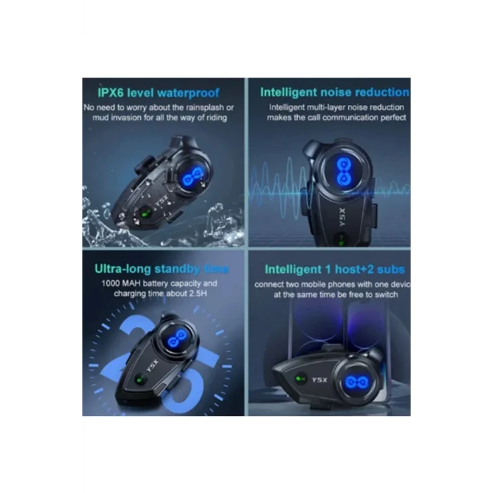 BUĞZ Y5x Rgb Işıklı Intercom 5 Kişi Bağlantılı 1000mah Motosiklet Bluetooth Kulaklık Seti