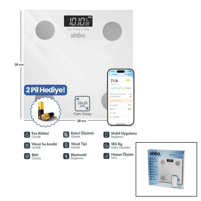 BUĞZ YAĞ ÖLÇERAKILLI BLUETOOTH CAM BASKÜL PİLLİ 180KG/50GR 28X28CM 8-KİŞİ HAFIZA LCD EKRAN GÖSTERGE SBS-4467