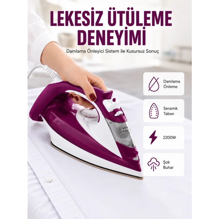BUĞZ Yeni Nesil Kırmızı Buharlı Ütü 2200 Watt Seramik Tabanlı Yüksek Buhar Gücü Yeni Nesil