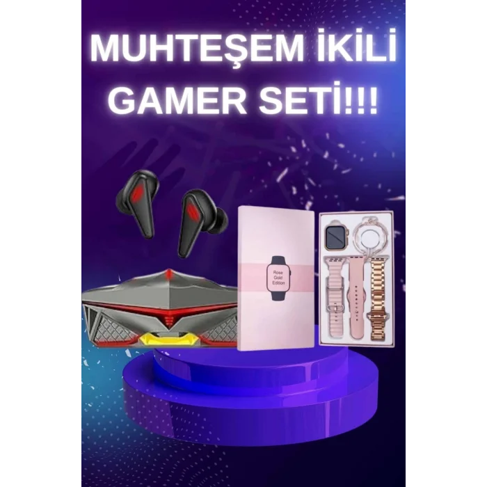BUĞZ Yeni Nesil Pembe Dokunmatik Ekran Akıllı Saat ve Oyuncu Kulaklığı Kablosuz Bluetooth Kulaklık