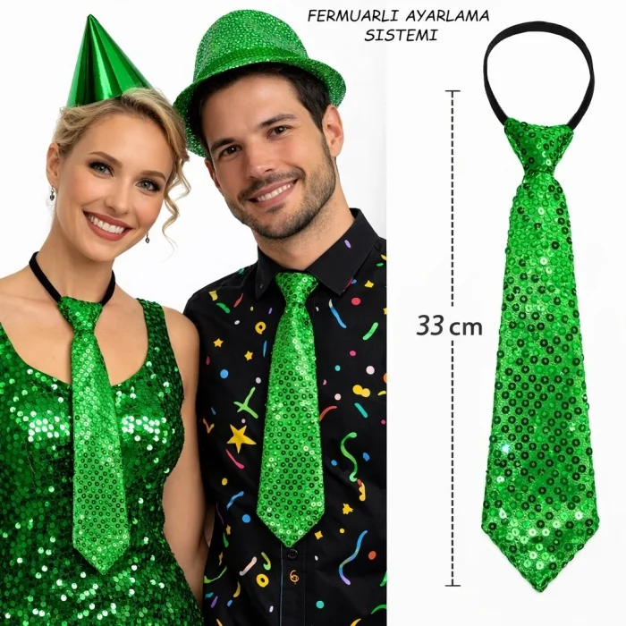 BUĞZ Yeşil Renk Pul Payetli Işıltılı Parti Kravatı 33 Cm