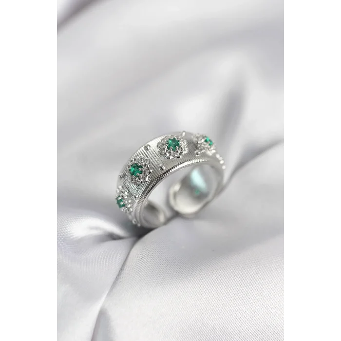BUĞZ Yeşil Zirkon Taşlı Gümüş Renk Vintage Kadın Yüzük