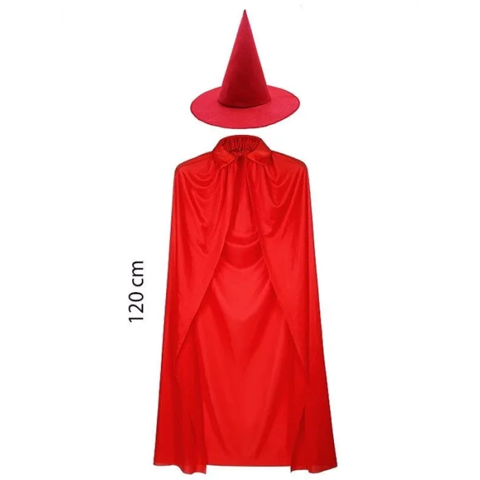 BUĞZ Yetişkin Boy 120 cm Kırmızı Yakalı Pelerin ve Kırmızı Cadı Şapkası