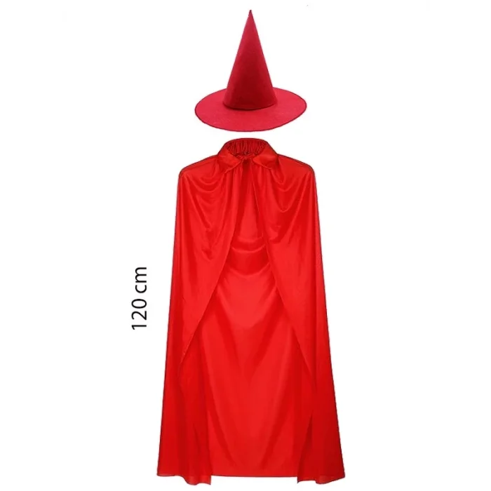 BUĞZ Yetişkin Boy 120 Cm Kırmızı Yakalı Pelerin Ve Kırmızı Cadı Şapkası