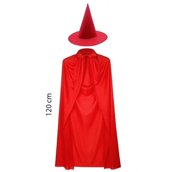 BUĞZ Yetişkin Boy Kırmızı Yakalı Pelerin ve Kırmızı Cadı Şapkası