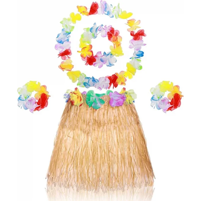BUĞZ Yetişkin Çocuk Hawaii Parti Seti - 40 Cm Naturel Etek + Çiçek Aksesuarlar (5 Parça)