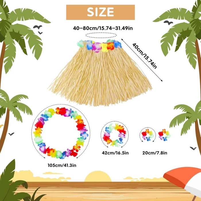 BUĞZ Yetişkin Çocuk Hawaii Parti Seti - 40 Cm Naturel Etek + Çiçek Aksesuarlar (5 Parça)