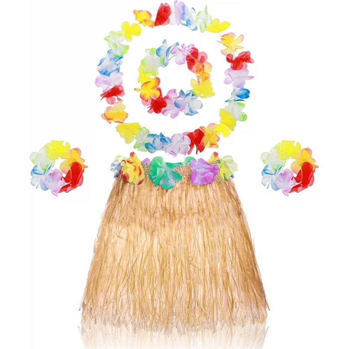 BUĞZ Yetişkin Çocuk Hawaii Parti Seti - 40 cm Naturel Etek + Çiçek Aksesuarlar (5 Parça)
