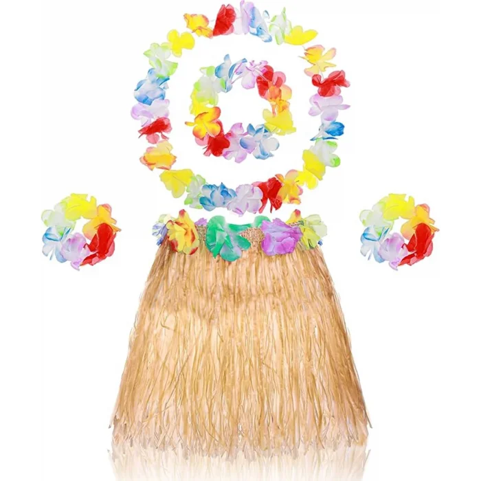 BUĞZ Yetişkin Çocuk Hawaii Parti Seti - 40 Cm Naturel Etek + Çiçek Aksesuarlar (5 Parça) - Lisinya