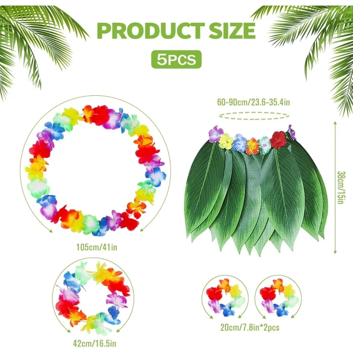 BUĞZ Yetişkin Hawaii Kostüm Seti - Yaprak Etek  Hawaii Set - 5 Parça