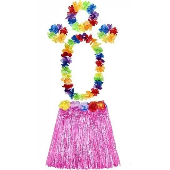 BUĞZ Yetişkin Ve Çocuk Uyumlu Luau Aloha Hawaii Pembe Etek Ve Renkli Kolye Taç 2 Adet Bileklik Seti