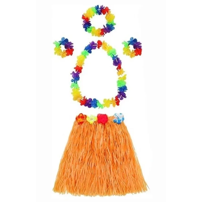 BUĞZ Yetişkin Ve Çocuk Uyumlu Luau Aloha Hawaii Turuncu Etek Ve Renkli Kolye Taç 2 Adet Bileklik Seti