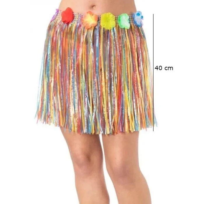  Yetişkin ve Çocuk Uyumlu Rengarenk Püsküllü Hawaii Luau Hula Etek 40 cm