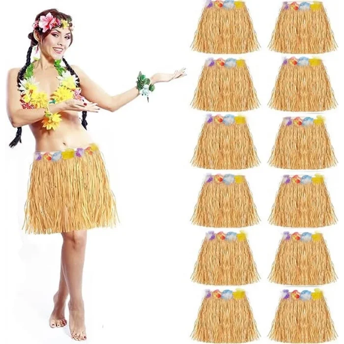  Yetişkin ve Çocuk Uyumlu Saman Renk Hawaii Luau Hula Etek 40 cm 12 Adet