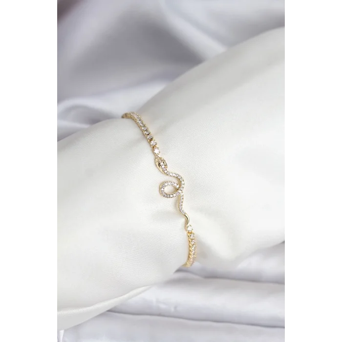 BUĞZ Yılan Model Zirkon Taşlı Gold Renk Pirinç Su Yolu Kadın Bileklik
