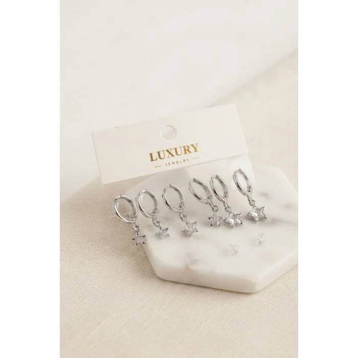 BUĞZ Yıldız Zirkon Taşlı Gümüş Renk Pirinç Set Küpe