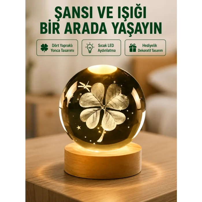 BUĞZ Yonca Figürlü Cam Küre USB Işıklı Ahşap Tabanlı Dekoratif Masa Lambası