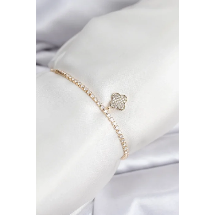 BUĞZ Yonca Model Zirkon Taşlı Gold Renk Asansörlü Su Yolu Bileklik