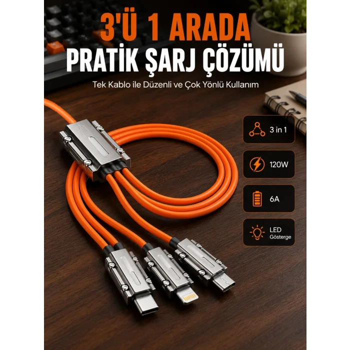 BUĞZ Yüksek Güç Aktarımı Sunan 6A Destekli Çoklu Bağlantı Şarj ve Veri Kablosu