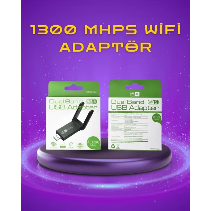 BUĞZ Yüksek Hızlı 1200 Mbps Çift Bant USB WiFi Adaptör – Güçlü Sinyal, Geniş Uyumluluk - BUĞZ