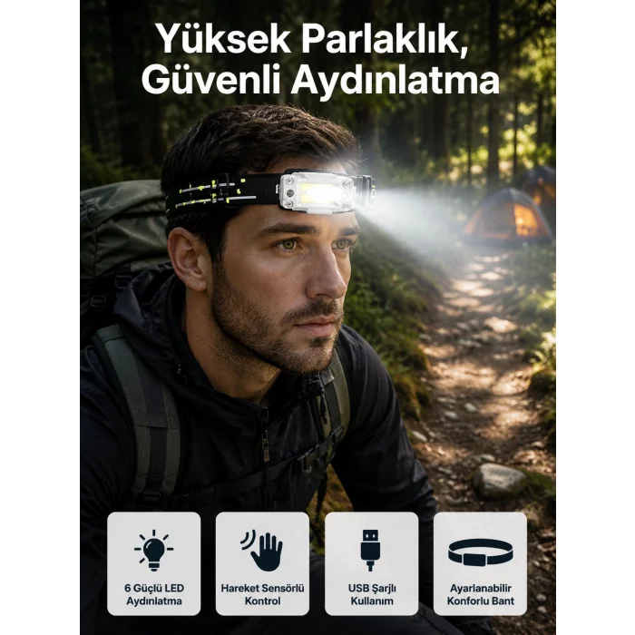 BUĞZ Yüksek Işıklı Şarjlı ve Sensörlü LED Kafa Lambası Kamp Lambası