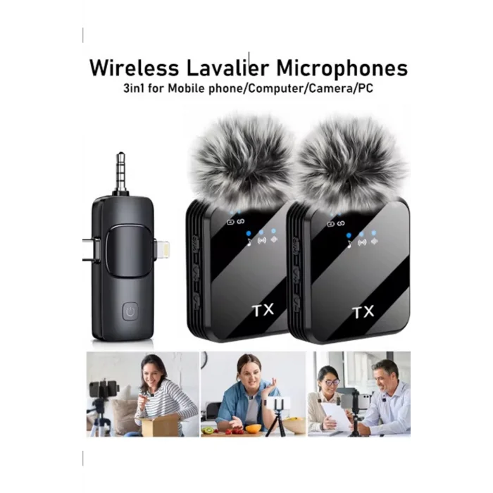 BUĞZ Yüksek Kalite Profesyonel 3 In 1 Kablosuz Taşınabilir Yaka Mikrofonu Tüylü