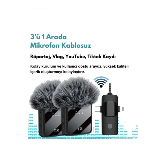 BUĞZ Yüksek Kalite Profesyonel 3 In 1 Kablosuz Taşınabilir Yaka Mikrofonu Tüylü - Lisinya