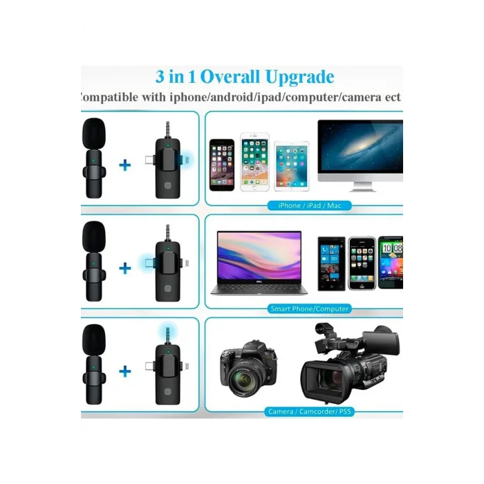 BUĞZ Yüksek Kalite Profesyonel 3 In 1 Kablosuz Taşınabilir Yaka Mikrofonu Youtube Facebook Tiktok - Lisinya