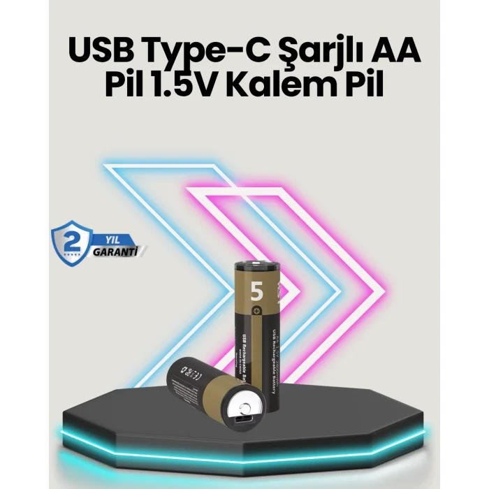 BUĞZ Yüksek Performanslı AA USB Şarjlı Lityum Pil | 1.5V Sabit Güç | 2’li Paket
