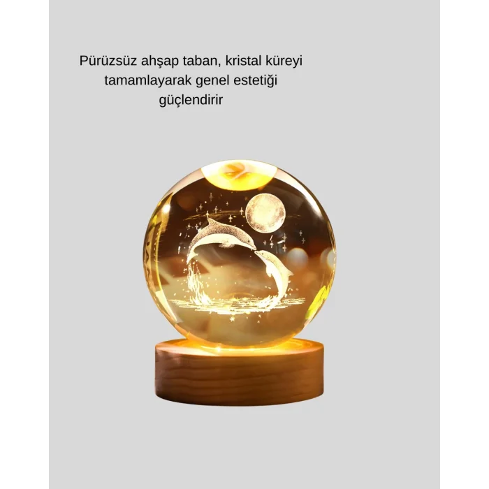 BUĞZ Yunus Temalı Kristal Küre USB Işıklı Ahşap Altlıklı Gece Lambası
