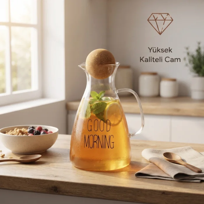 BUĞZ Yuvarlak Mantar Kapaklı Sürahi - 1500 ml - Yüksek Kaliteli Cam