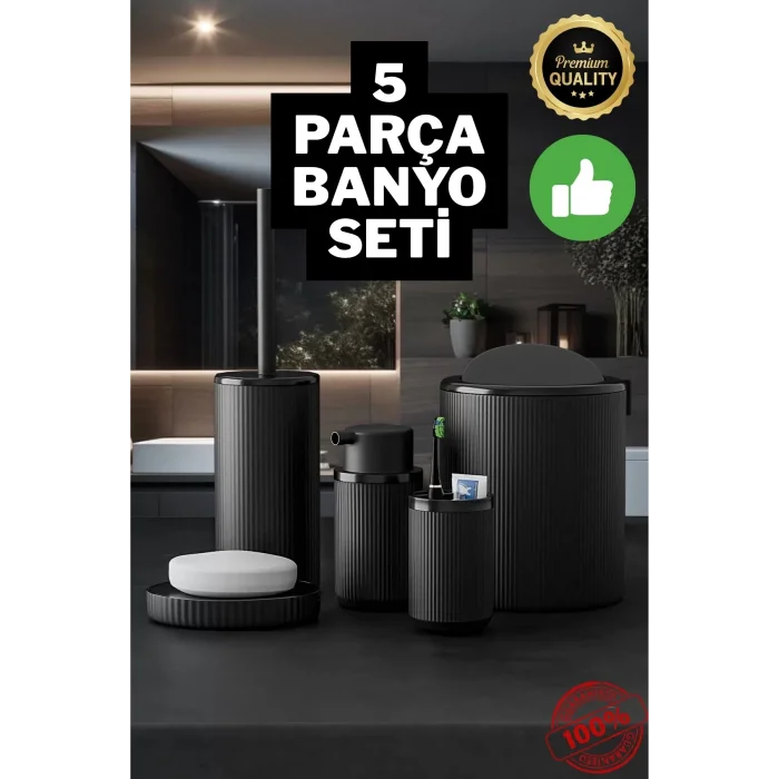 BUĞZ Yuvarlak Siyah 5 Parça Banyo Seti Çöp Kovası Fırça Sabunluk Diş Fırçalık Aksesuar