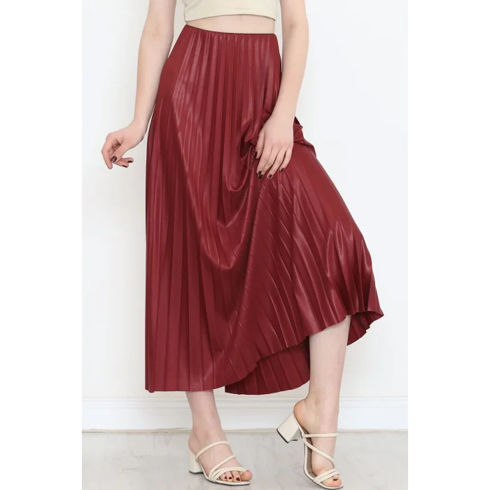 BUĞZ Zarif ve Modern Pileli Parlak Krep Gizli Lastikli Bordo Etek ( BUĞZ )