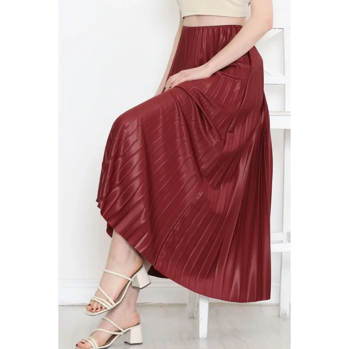 BUĞZ Zarif ve Modern Pileli Parlak Krep Gizli Lastikli Bordo Etek ( BUĞZ )