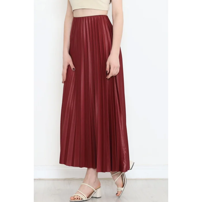 BUĞZ Zarif ve Modern Pileli Parlak Krep Gizli Lastikli Bordo Etek ( BUĞZ )