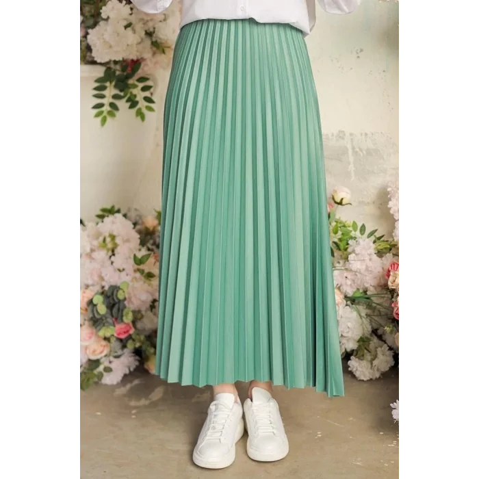 BUĞZ Zarif ve Modern Pileli Parlak Krep Gizli Lastikli Mint Etek ( BUĞZ )