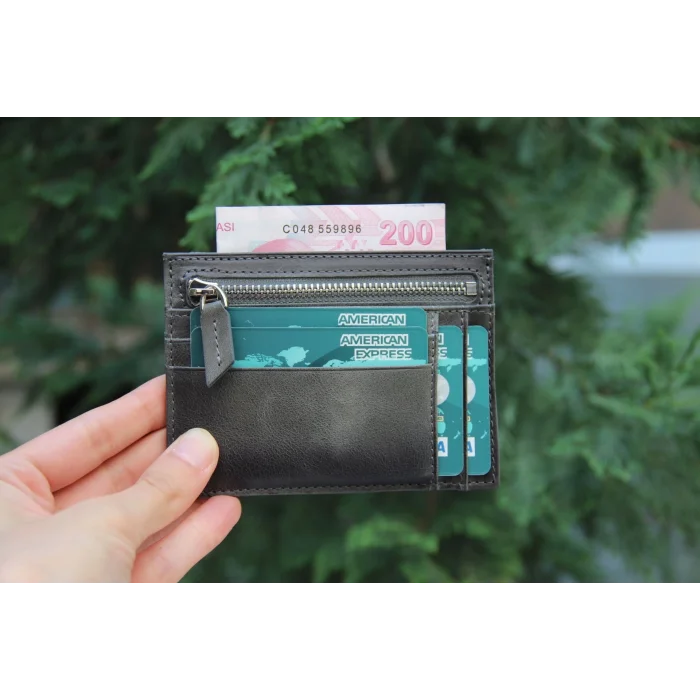  Zip Deri Fermuarlı Kartlık ZPCH VS4 Gri