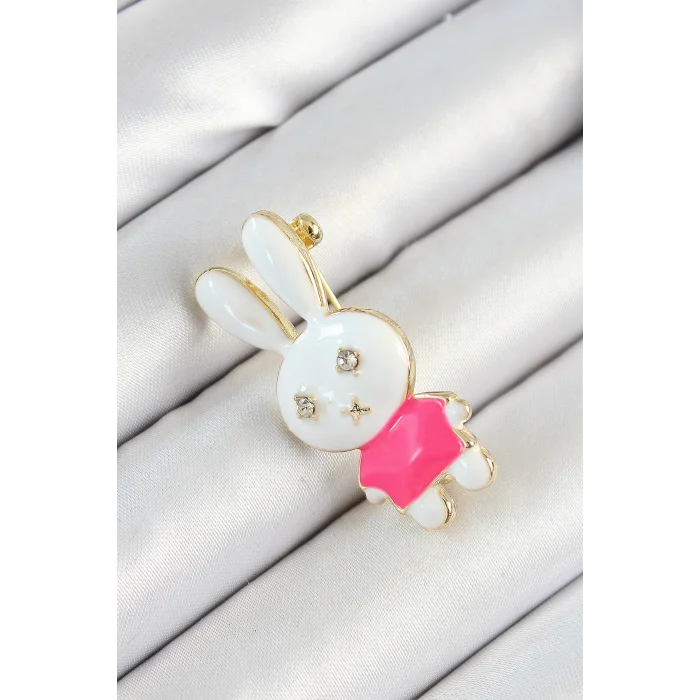 BUĞZ Zirkon Taş Detaylı Beyaz Ve Pembe 3D Tavşan Figürlü Kadın Broş
