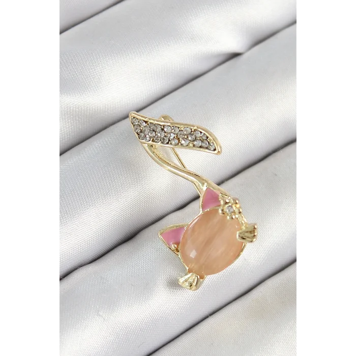 BUĞZ Zirkon Taşlı 3D Kedi Detaylı Nota Figürlü Gold Renk Kadın Broş