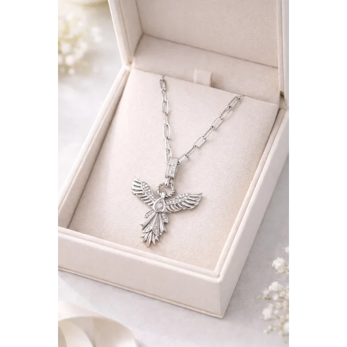 BUĞZ Zirkon Taşlı Anka Kuşu Figürlü Ataç Zincir Çelik Kolye MODEL 12 – Kararmaz, Güç ve Yeniden Doğuş Sembolü