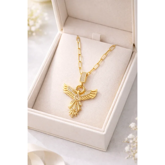 BUĞZ Zirkon Taşlı Anka Kuşu Figürlü Gold Ataç Zincir Çelik Kolye MODEL 13 – Kararmaz, Güçlü ve Şık Tasarım