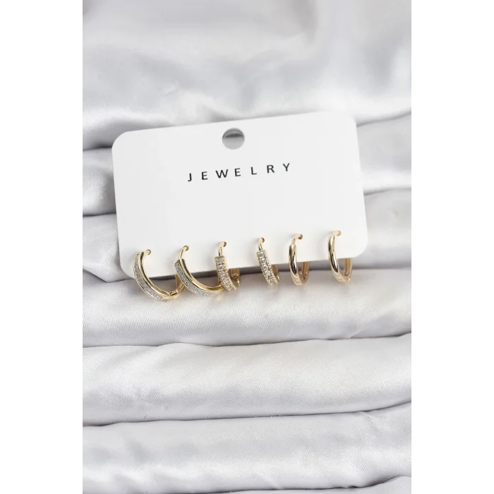 BUĞZ Zirkon Taşlı Gold Renk Pirinç Kadın Küpe Seti