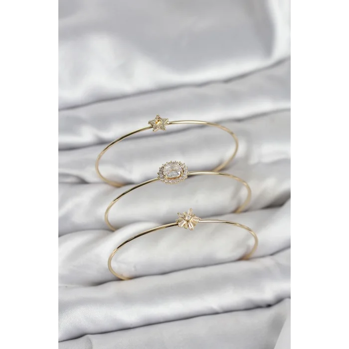 BUĞZ Zirkon Taşlı Gold Renk Tek Taş Model 3lü Kadın Bileklik Kombini