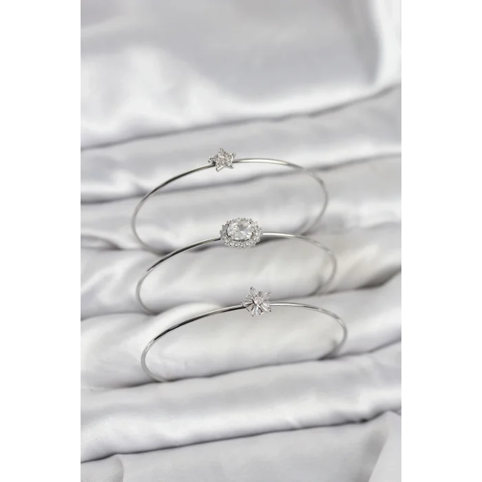 BUĞZ Zirkon Taşlı Gümüş Renk Tek Taş Model 3lü Kadın Bileklik Kombini