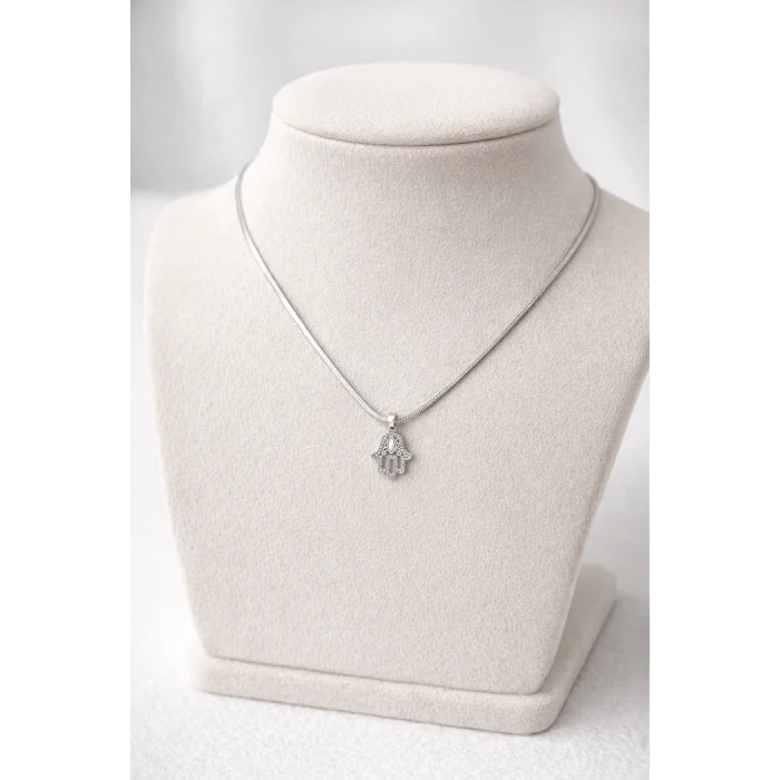 BUĞZ Zirkon Taşlı Hamsa Fatma Eli Çelik Kolye MODEL 1 – Kararmaz, Alerji Yapmaz Zarif Kadın Kolyesi