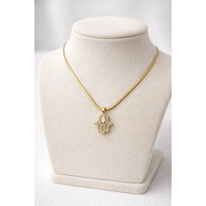 BUĞZ Zirkon Taşlı Hamsa Fatma Eli Gold Çelik Kolye MODEL 2 – Kararmaz, Alerji Yapmaz Zarif Kadın Kolyesi