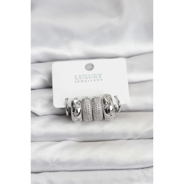 BUĞZ Zirkon Taşlı Pirinç Gümüş Renk Halka Kadın Küpe Seti