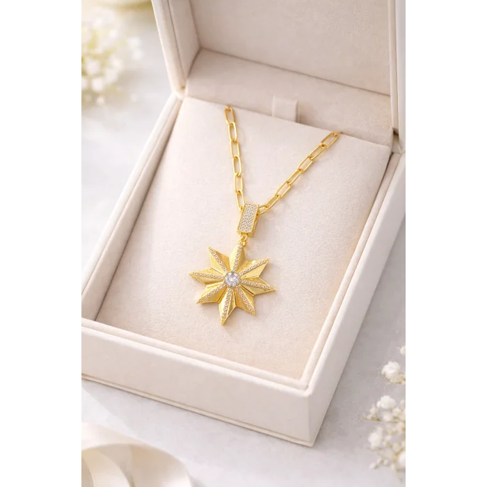 BUĞZ Zirkon Taşlı Yıldız Figürlü Altın Renk Ataç Zincir Çelik Kolye MODEL 14 – Kararmaz, Modern ve Şık Tasarım