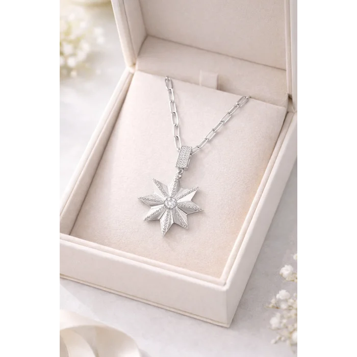 BUĞZ Zirkon Taşlı Yıldız Figürlü Gümüş Renk Ataç Zincir Çelik Kolye MODEL 15 – Kararmaz, Modern ve Şık Tasarım