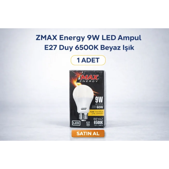BUĞZ ZMAX Energy 9W LED Ampul E27 Duy 6500K Beyaz Işık 720 Lümen 60W Eşdeğer Enerji Tasarruflu 1 Adet